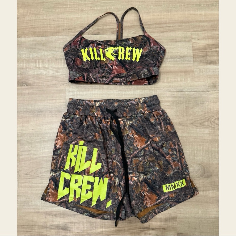 Kill Crew Women's Camo Athletic Shorts Set with Neon Yellow Logo